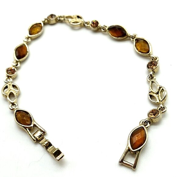 VTG Citrine & Amber Colored Faceted Rhinestone Gold-tone Leaves Link Bracelet - Picture 9 of 13